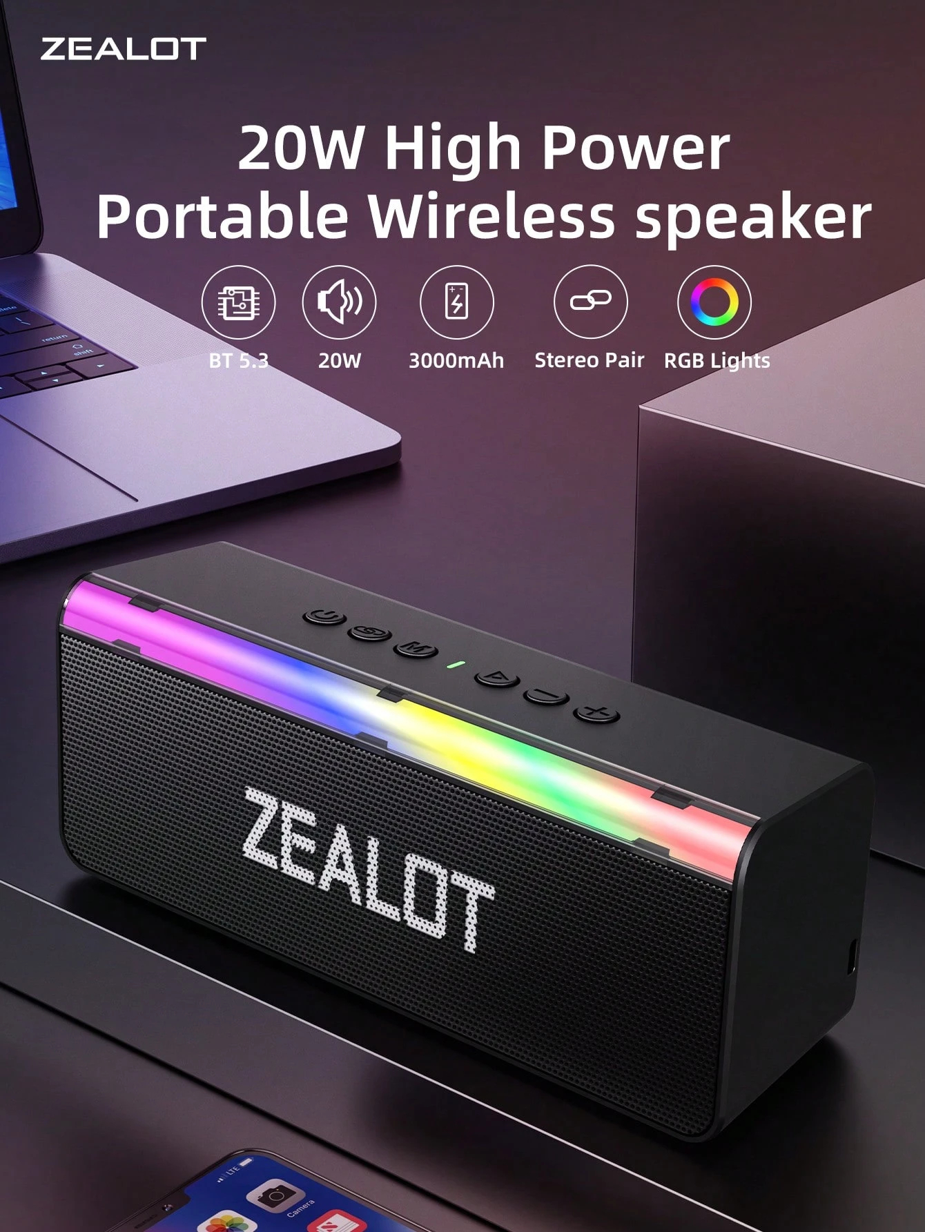 Portable wireless speaker with dual subwoofers and bass-enhanced 3D surround sound