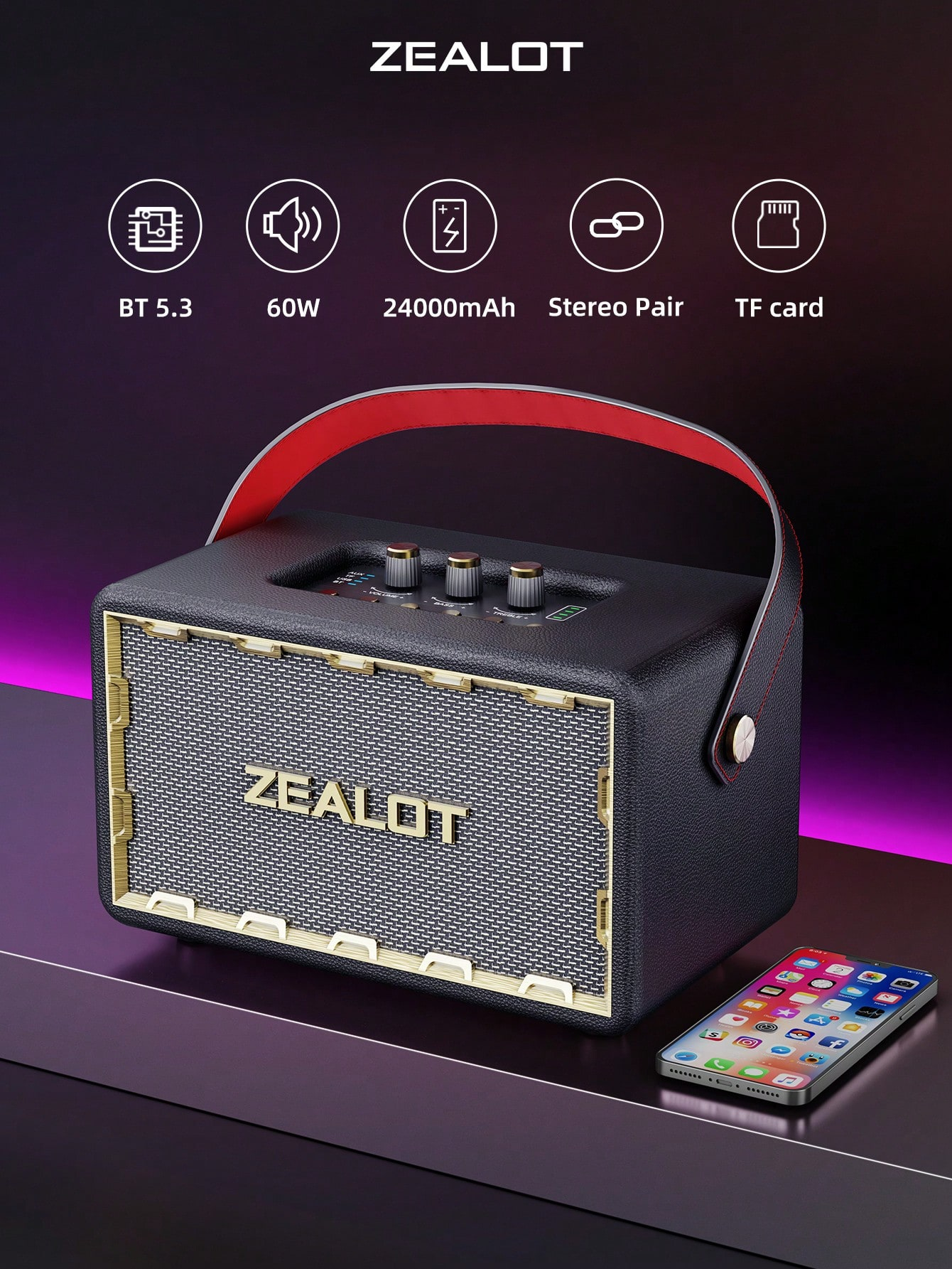 Portable wireless speaker with 4 subwoofers, powerful bass, and 3D surround sound