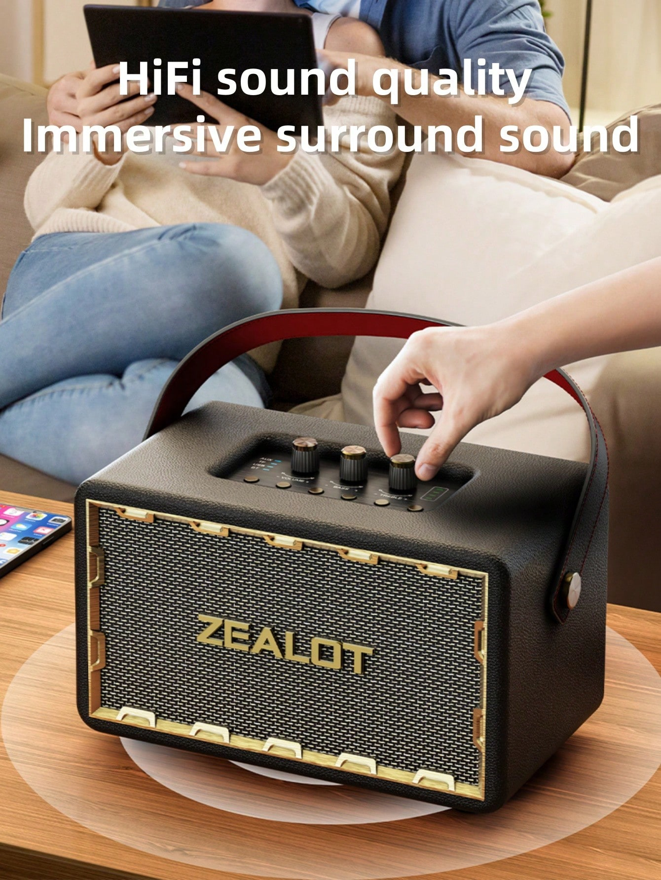 Portable wireless speaker with 4 subwoofers, powerful bass, and 3D surround sound