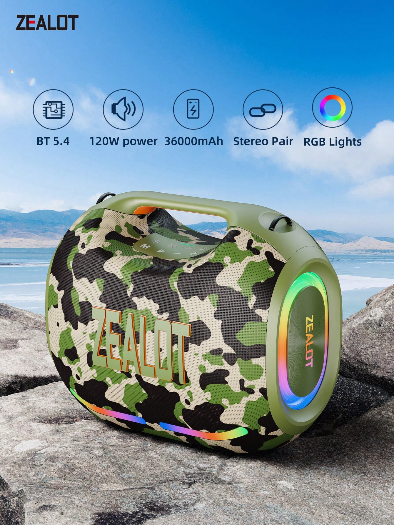 Portable wireless speaker with 4 subwoofers, powerful bass, and 3D surround sound
